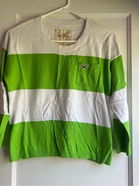 Vintage Hollister Bright Green and White Striped Crewneck Top